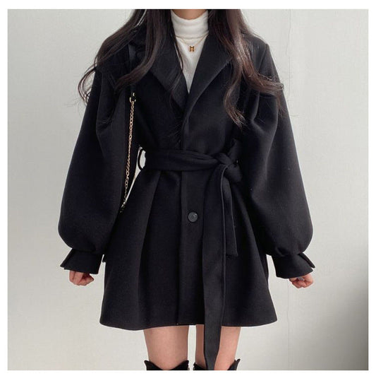 Retro Tailored Coat with Tie at Collar, Waist-Slimming Sleeve, and Puff Sleeve - River Nile