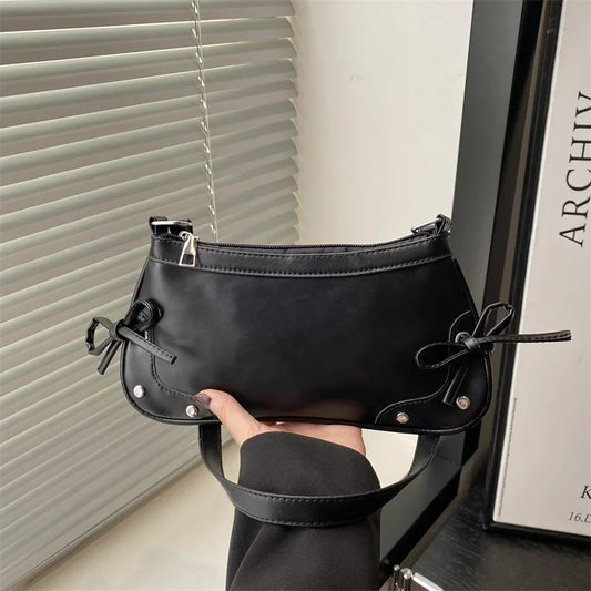 New Armpit Bag Trendy Shoulder Bag Sweet Double Bow Handbag Women's Bag Retro Simple Fashion Armpit Bags - River Nile