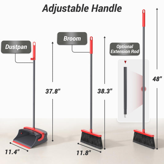 Zeawec Broom with Dustpan Set for Pet Hair & Dust Cleanup, Red & Gray