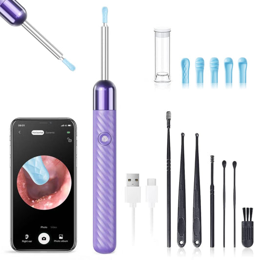 LEIPUT Ear Wax Removal Tool with 1080P HD Camera, LED Lights, 6 Ear Cleaning Accessories, Rechargeable Ear Cleaner for iOS and Android, Purple