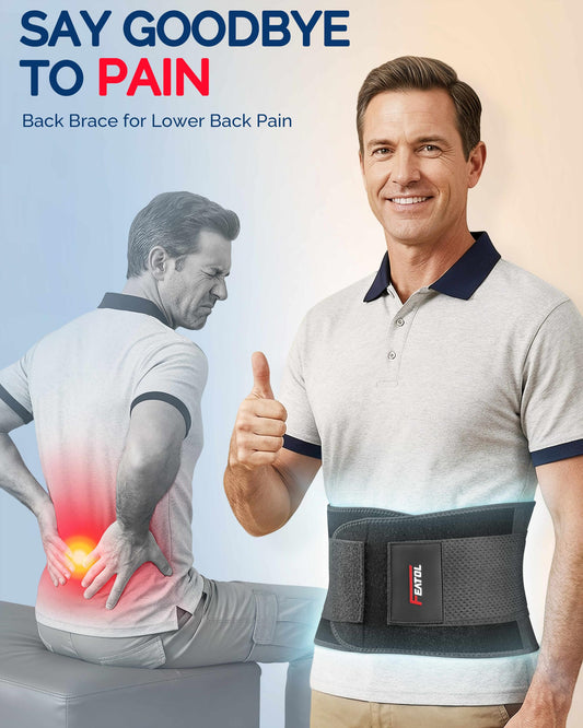 FEATOL Lower Back Support Brace for Men and Women, Adjustable Lumbar Support Belt with 4 Support Strips and Removable Lumbar Pad, Black