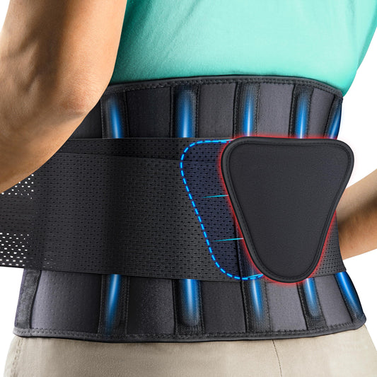FEATOL Lower Back Support Brace for Men and Women, Adjustable Lumbar Support Belt with 4 Support Strips and Removable Lumbar Pad, Black