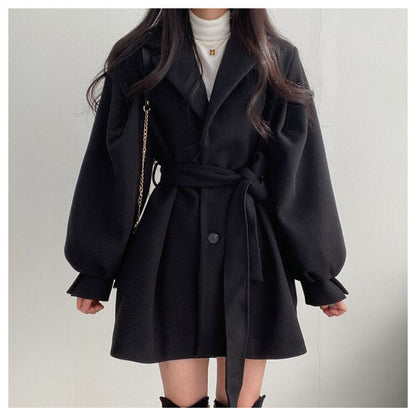 Retro Tailored Coat with Tie at Collar, Waist-Slimming Sleeve, and Puff Sleeve - River Nile