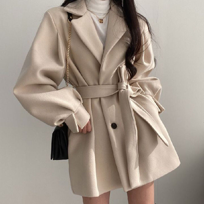 Retro Tailored Coat with Tie at Collar, Waist-Slimming Sleeve, and Puff Sleeve - River Nile