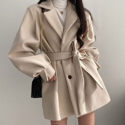 Retro Tailored Coat with Tie at Collar, Waist-Slimming Sleeve, and Puff Sleeve - River Nile
