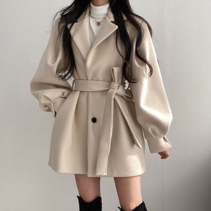 Retro Tailored Coat with Tie at Collar, Waist-Slimming Sleeve, and Puff Sleeve - River Nile