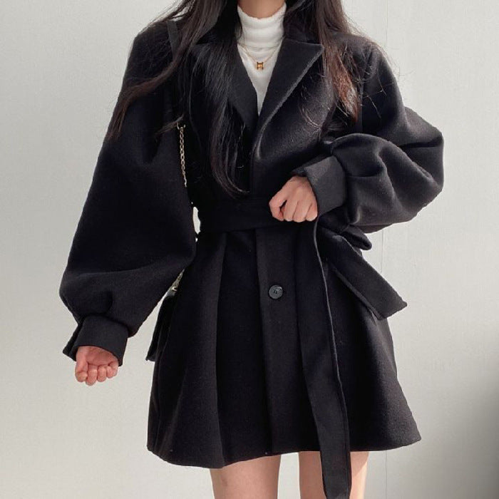 Retro Tailored Coat with Tie at Collar, Waist-Slimming Sleeve, and Puff Sleeve - River Nile
