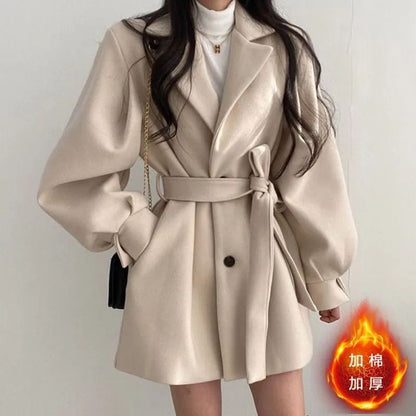 Retro Tailored Coat with Tie at Collar, Waist-Slimming Sleeve, and Puff Sleeve - River Nile
