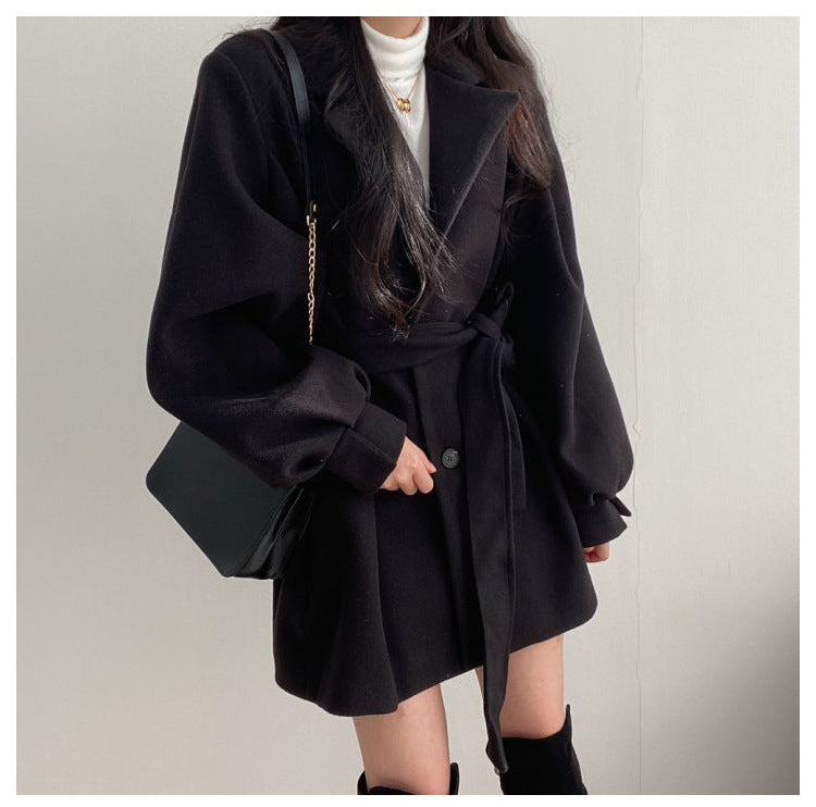 Retro Tailored Coat with Tie at Collar, Waist-Slimming Sleeve, and Puff Sleeve - River Nile