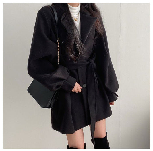 Retro Tailored Coat with Tie at Collar, Waist-Slimming Sleeve, and Puff Sleeve - River Nile