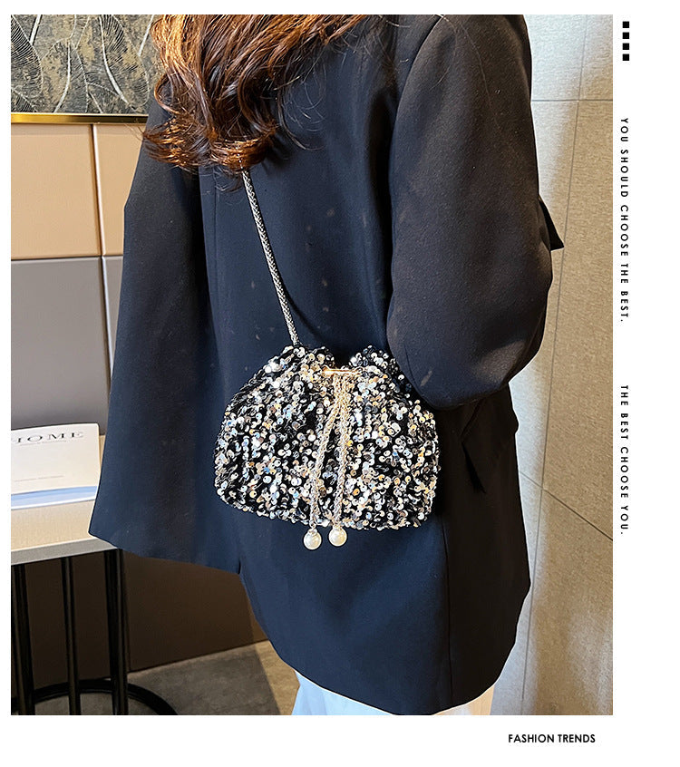Fashionable personality sequin bag female new Korean version bucket bag foreign air shoulder bag tide cross body dinner bag - River Nile