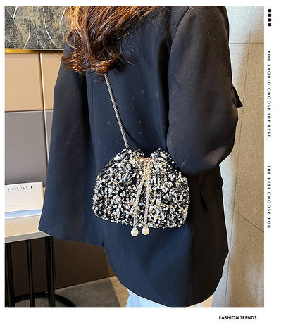 Fashionable personality sequin bag female new Korean version bucket bag foreign air shoulder bag tide cross body dinner bag - River Nile