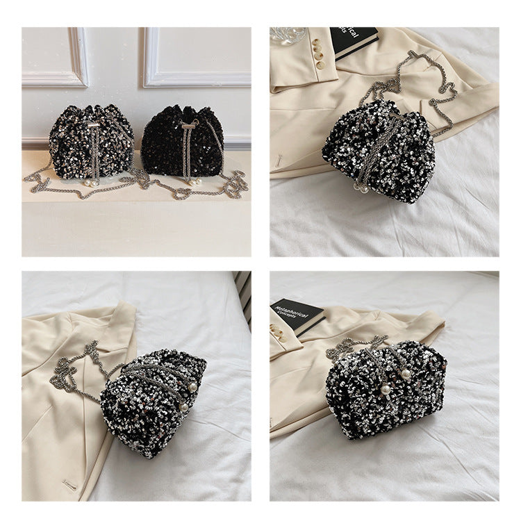 Fashionable personality sequin bag female new Korean version bucket bag foreign air shoulder bag tide cross body dinner bag - River Nile