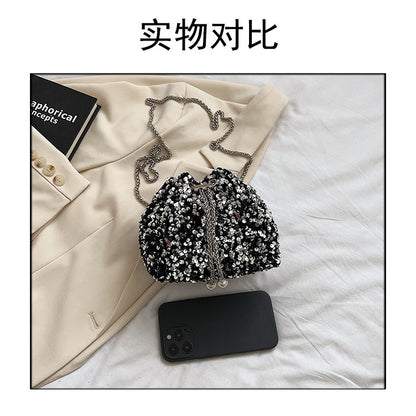 Fashionable personality sequin bag female new Korean version bucket bag foreign air shoulder bag tide cross body dinner bag - River Nile
