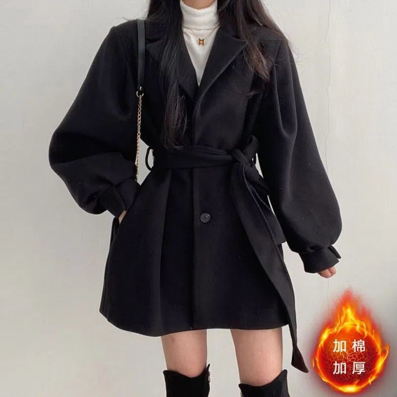 Retro Tailored Coat with Tie at Collar, Waist-Slimming Sleeve, and Puff Sleeve - River Nile