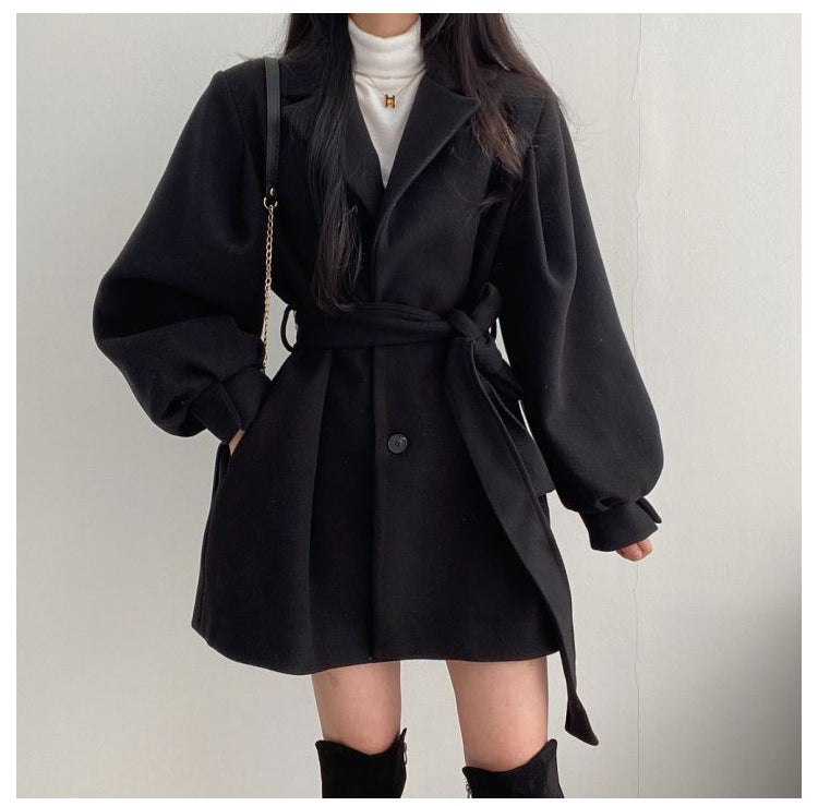 Retro Tailored Coat with Tie at Collar, Waist-Slimming Sleeve, and Puff Sleeve - River Nile