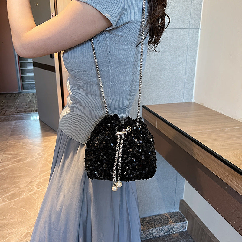 Fashionable personality sequin bag female new Korean version bucket bag foreign air shoulder bag tide cross body dinner bag - River Nile