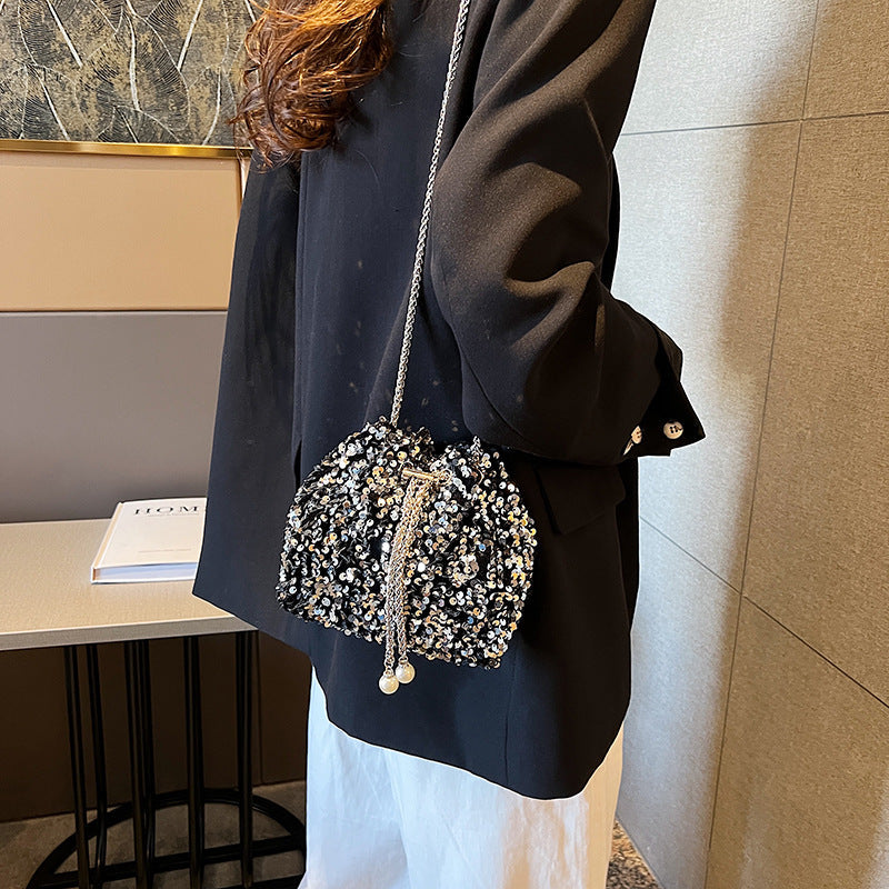 Fashionable personality sequin bag female new Korean version bucket bag foreign air shoulder bag tide cross body dinner bag - River Nile