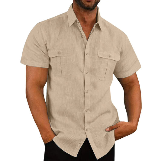 Cotton Linen Hot Sale Men Short-Sleeved Shirts Summer Solid Color Stand-Up Collar Casual Beach Style Plus SizeMale Shirts M-5XL - River Nile