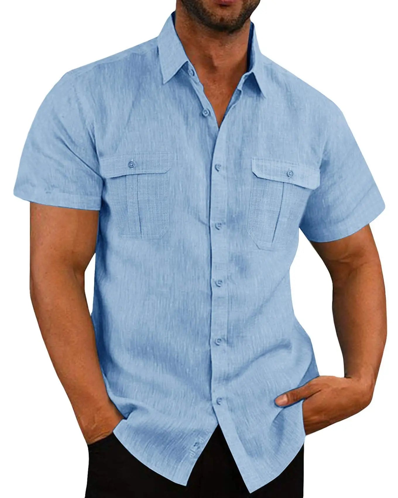 Cotton Linen Hot Sale Men Short-Sleeved Shirts Summer Solid Color Stand-Up Collar Casual Beach Style Plus SizeMale Shirts M-5XL - River Nile
