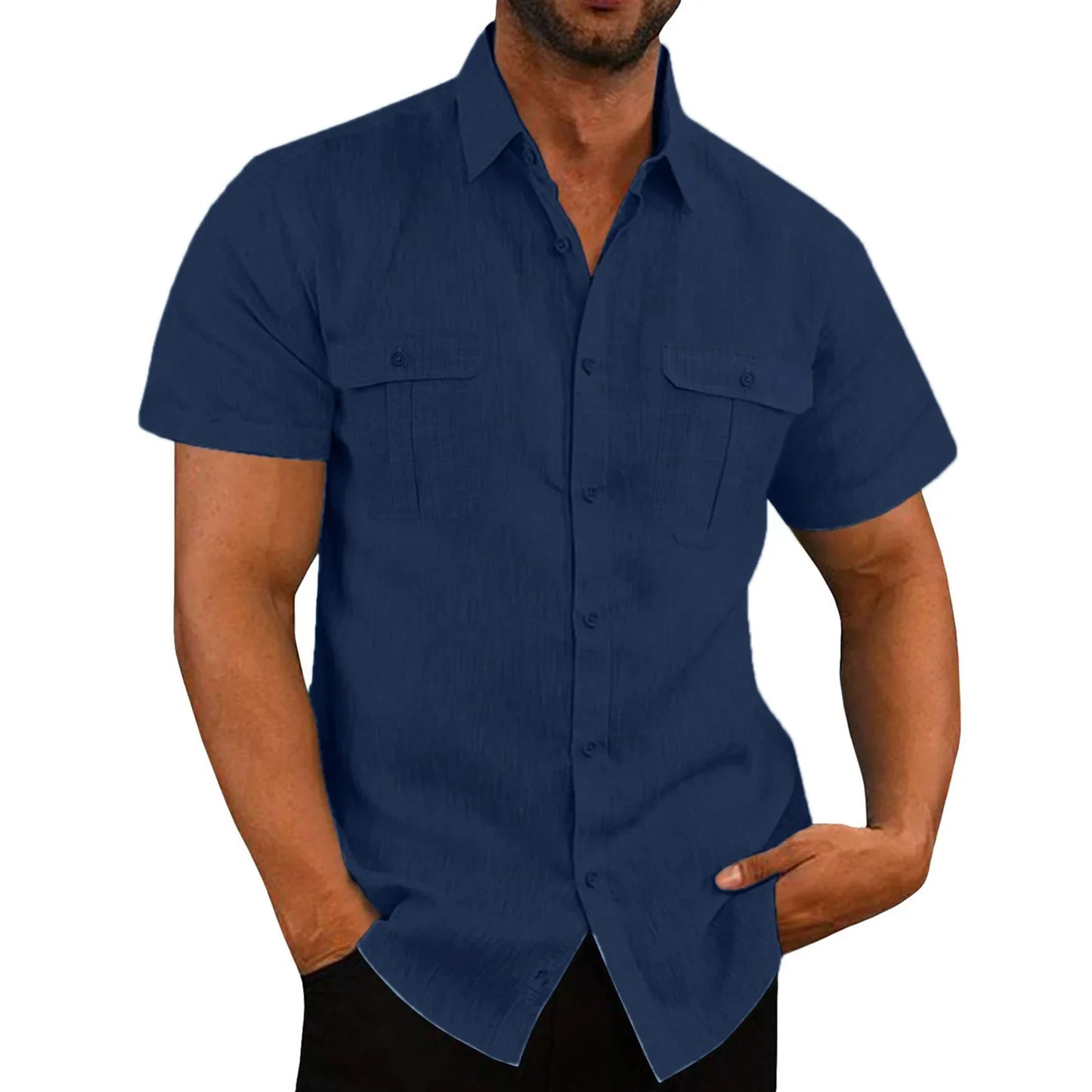 Cotton Linen Hot Sale Men Short-Sleeved Shirts Summer Solid Color Stand-Up Collar Casual Beach Style Plus SizeMale Shirts M-5XL - River Nile