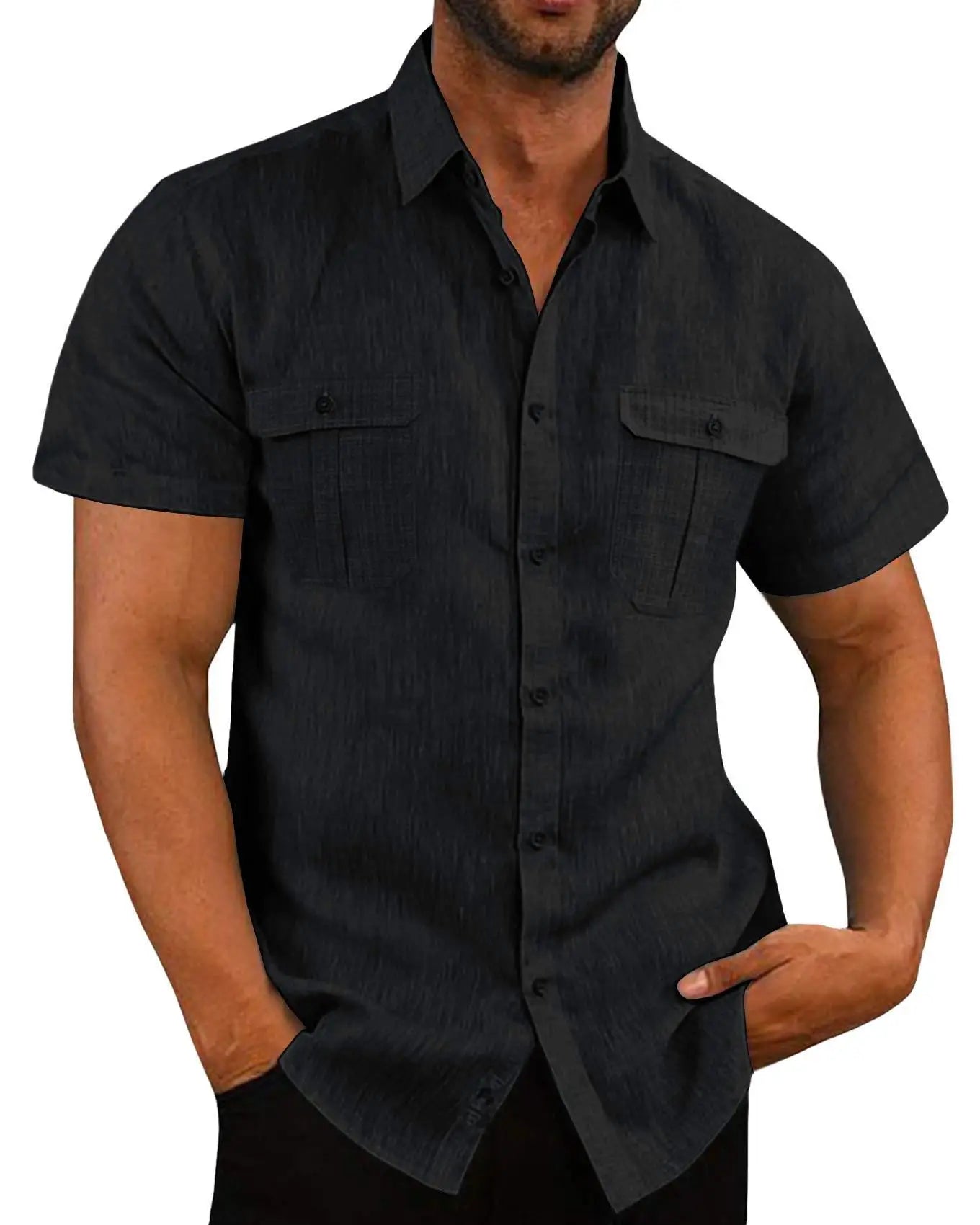 Cotton Linen Hot Sale Men Short-Sleeved Shirts Summer Solid Color Stand-Up Collar Casual Beach Style Plus SizeMale Shirts M-5XL - River Nile