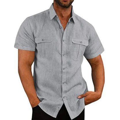 Cotton Linen Hot Sale Men Short-Sleeved Shirts Summer Solid Color Stand-Up Collar Casual Beach Style Plus SizeMale Shirts M-5XL - River Nile