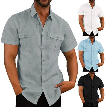 Cotton Linen Hot Sale Men Short-Sleeved Shirts Summer Solid Color Stand-Up Collar Casual Beach Style Plus SizeMale Shirts M-5XL - River Nile