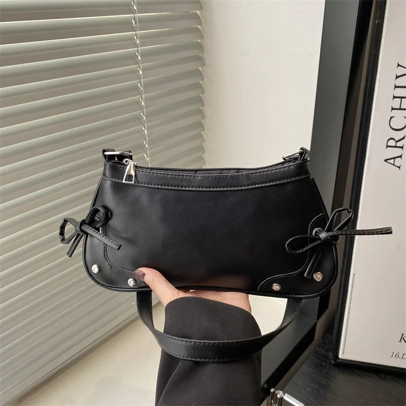 New Armpit Bag Trendy Shoulder Bag Sweet Double Bow Handbag Women's Bag Retro Simple Fashion Armpit Bags - River Nile