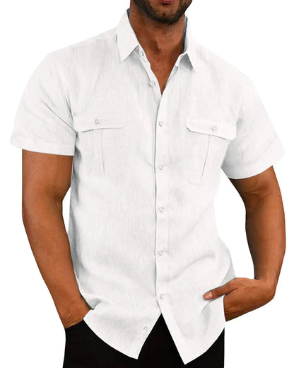 Cotton Linen Hot Sale Men Short-Sleeved Shirts Summer Solid Color Stand-Up Collar Casual Beach Style Plus SizeMale Shirts M-5XL - River Nile