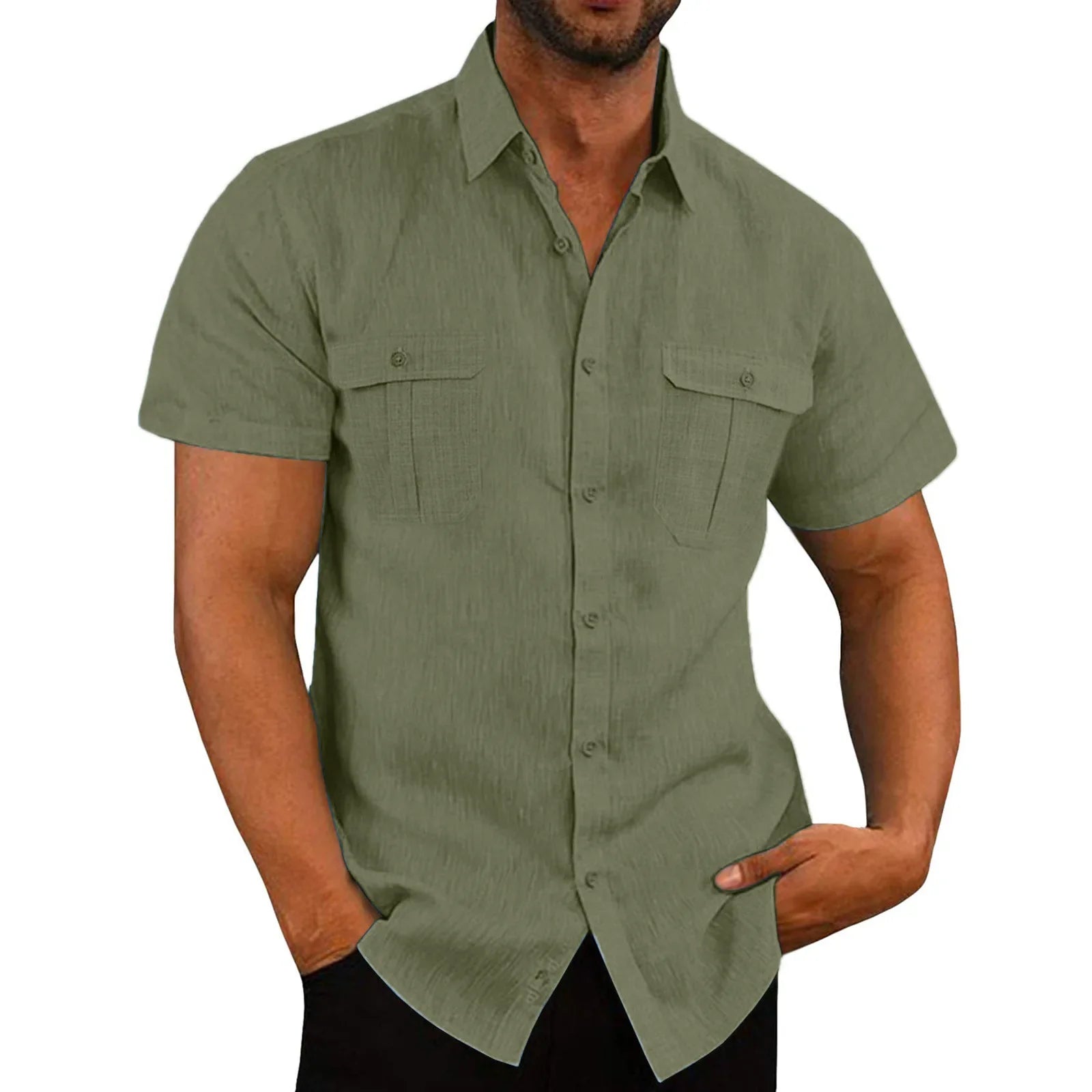 Cotton Linen Hot Sale Men Short-Sleeved Shirts Summer Solid Color Stand-Up Collar Casual Beach Style Plus SizeMale Shirts M-5XL - River Nile