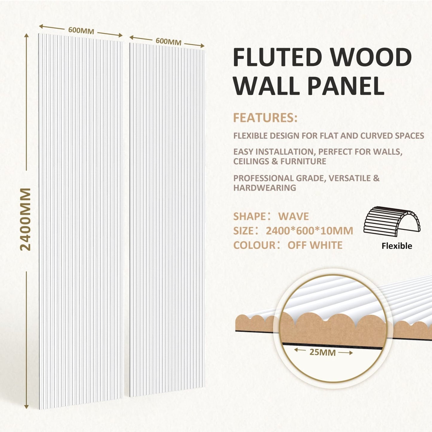 Small Fluted Wall Panels in DIY Primed - Ready To Paint- 240cm x 60cm - River Nile