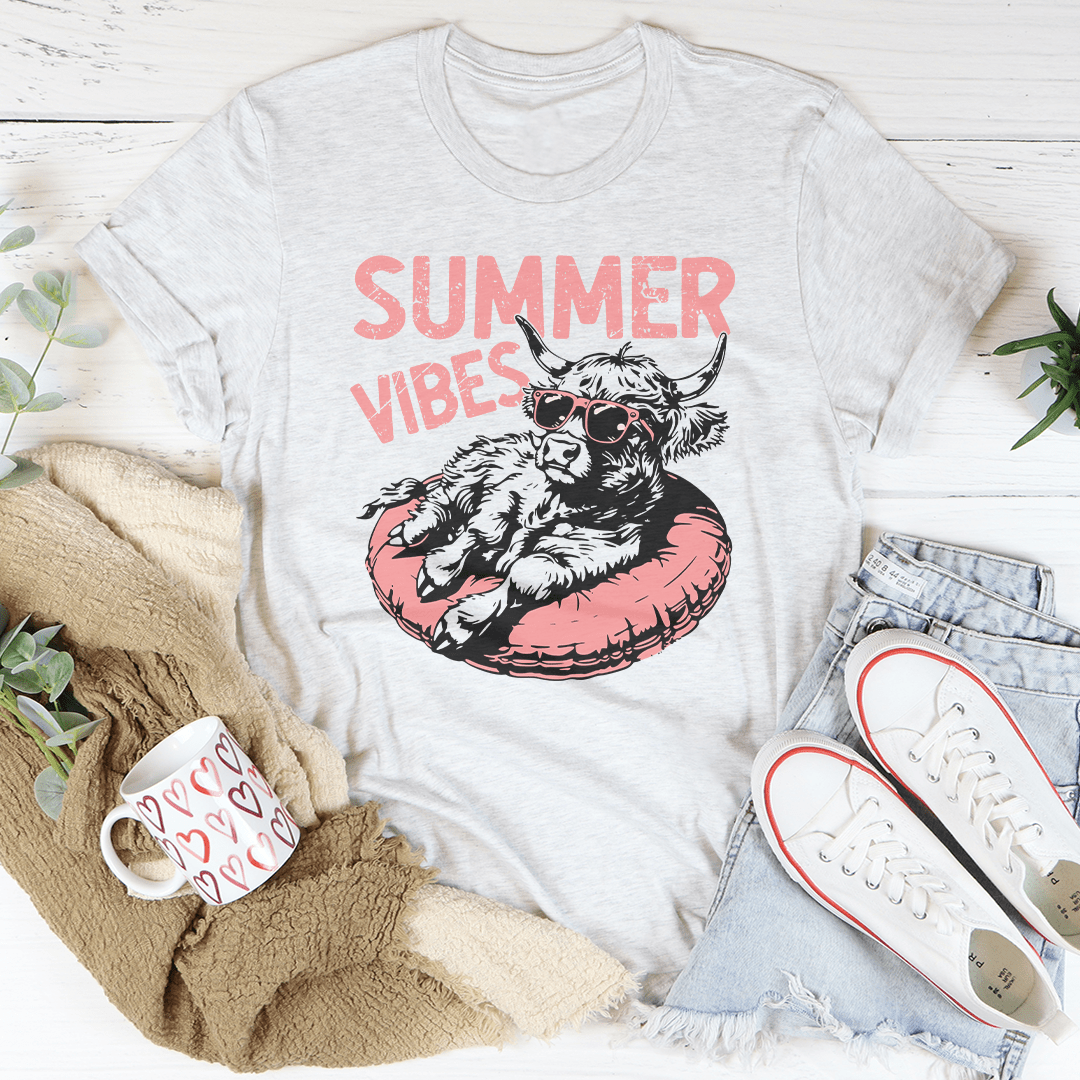 MerchMallow Summer Vibes T-shirt in ash and peachy Sunday colors, featuring a casual, vibrant summer-inspired design.